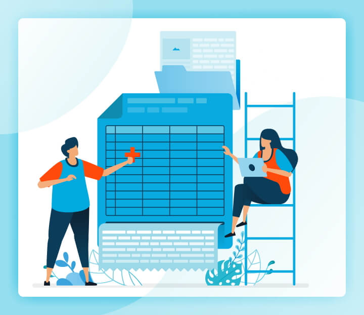 Illustration of a woman and a man working on a spreadsheet