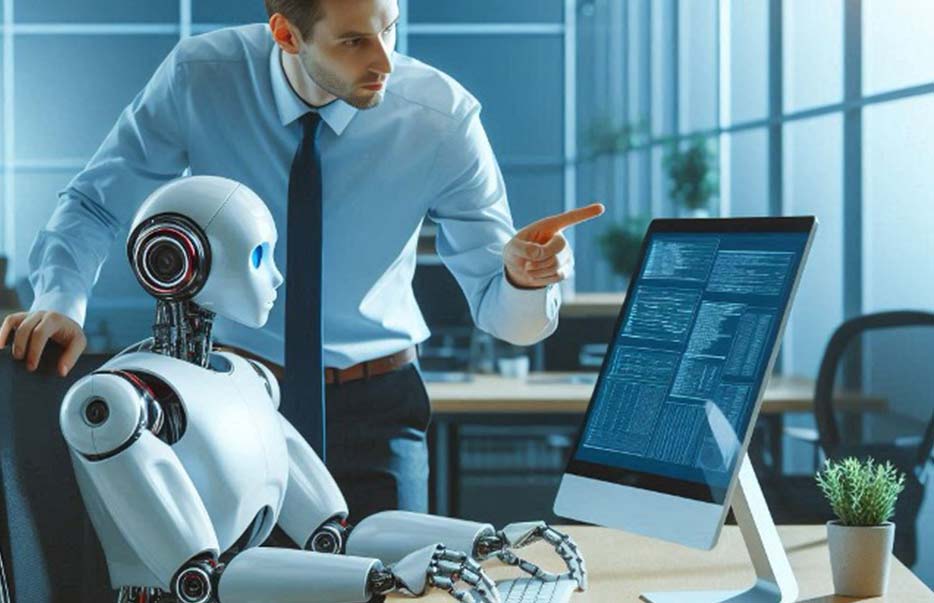 Human male interacting with robot sitting at desk and working on a computer and AI tools